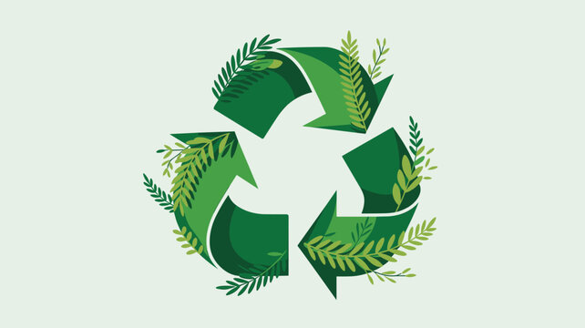 A green recycling symbol composed of stylized leaves and botanical sprigs rests on a soft light background, illustrating environmental sustainability and organic waste management.