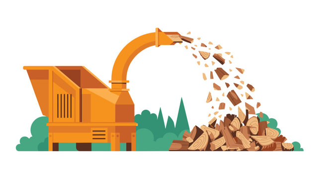 An industrial wood chipper machine actively processing logs into small debris on a patch of grass against a plain white background in a vibrant orange and green color palette.
