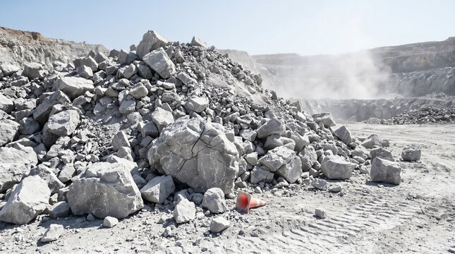 Large pile of blasted quarry rock covering a crushed traffic cone with heavy dust rising in an open pit mining operation