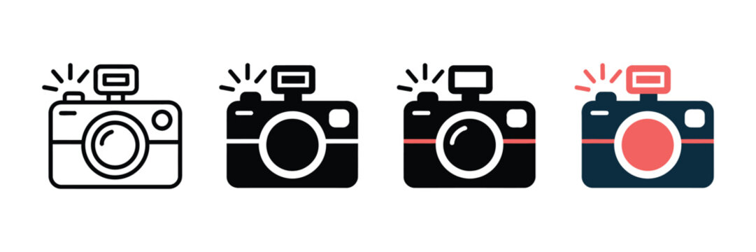 Set of four minimalist digital camera icons featuring various graphic styles including linear outline glyph and flat color designs for photography web interfaces
