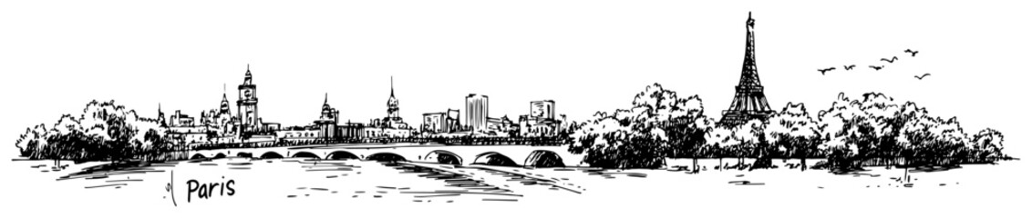 Paris France cityscape with Eiffel Tower and Seine river Hand drawn panoramic sketch vector illustration © Tomas