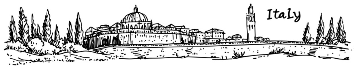 Historic Italian old town with church dome and cypress trees Hand drawn landscape sketch vector illustration © Tomas