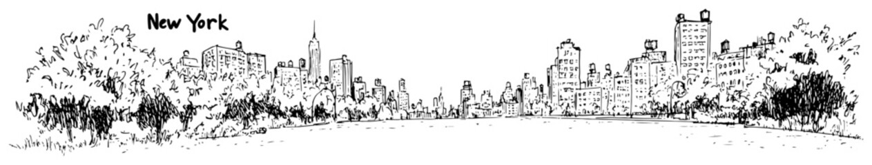 Fototapeta premium New York City skyline view from Central Park Hand drawn urban landscape sketch vector illustration