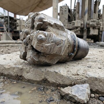 Worn tricone drill bit sitting on a dirty concrete slab with an active industrial drilling rig in the muddy background