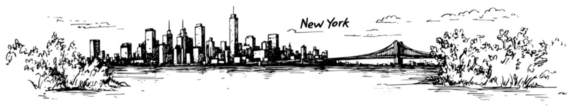 New York City skyline with Brooklyn Bridge and Manhattan skyscrapers Hand drawn panoramic sketch vector illustration