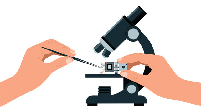 Two hands carefully assemble a complex microchip component using fine metal tweezers under a dark blue professional microscope on a clean white background environment.