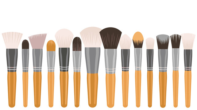 A row of various professional makeup brushes with wooden handles and diverse bristle shapes is neatly aligned on a clean white background for beauty applications.
