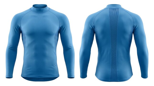 Professional blue athletic long sleeve compression base layer shirt mockup isolated on white background with even soft lighting for sportswear fitness apparel design template