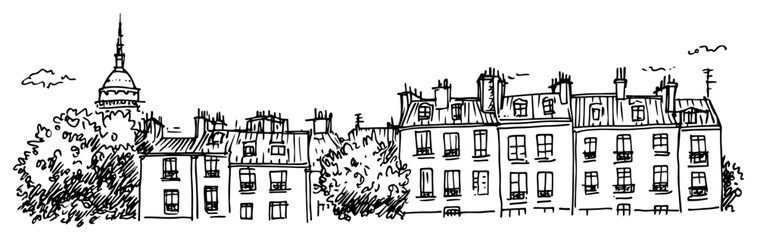 Naklejka premium Paris cityscape with classic French architecture and rooftops. Hand drawn vector skyline sketch.