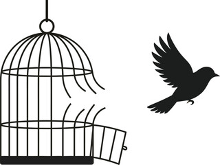 Fototapeta premium Silhouette of a small bird escaping from an open wire cage in this conceptual digital image