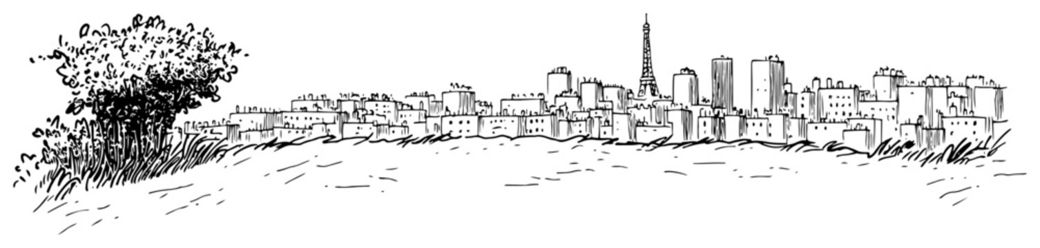 Paris France cityscape view from a hill. Hand drawn panoramic vector sketch of the skyline
