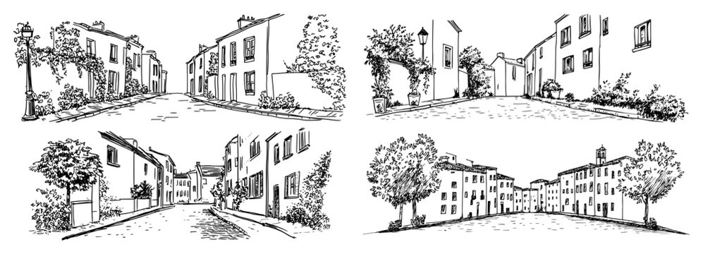 Set of old European town street scenes. Hand drawn vector sketch illustrations of historic alleyways.