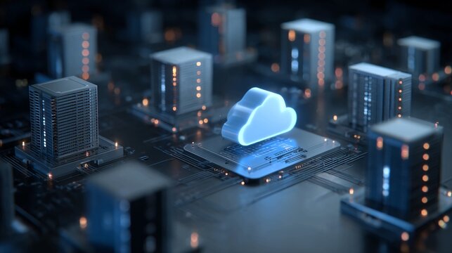 Explore futuristic cloud computing with a glowing blue cloud on a circuit board, representing digital transformation and innovative technology solutions for your business needs today