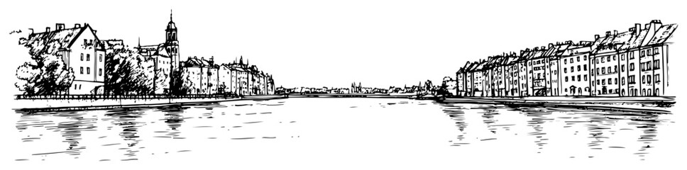 Naklejka premium Panoramic cityscape of a historic European city on the river. Hand drawn vector skyline sketch.