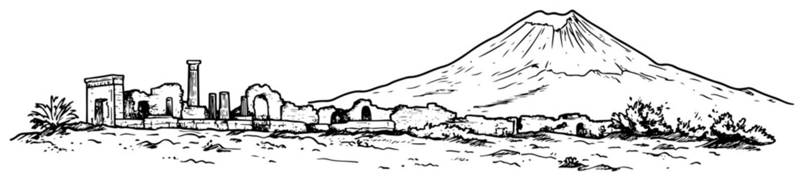 Pompeii ruins with Mount Vesuvius volcano in the background. Hand drawn vector landscape sketch of ancient Italy.