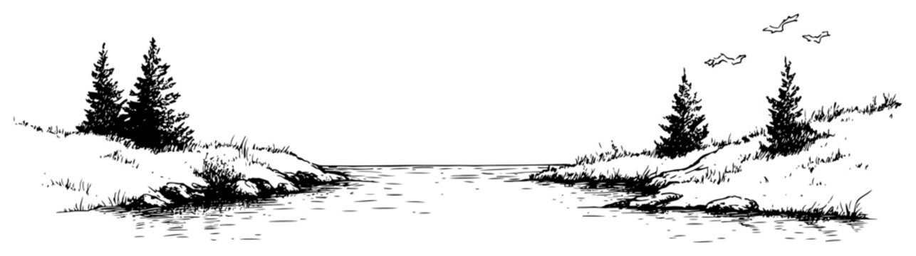 River landscape with pine trees on the shore. Hand drawn vector sketch of a tranquil nature scene
