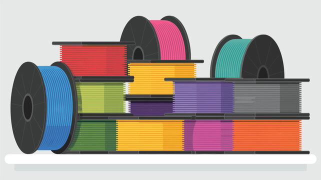 A neat stack of multi-colored plastic filament spools for 3D printing is arranged on a surface against a neutral light gray background in a clean flat illustration style.