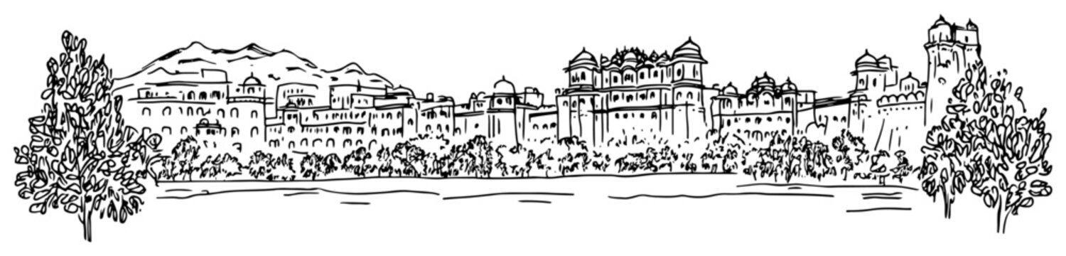 Jaipur India cityscape sketch. Hand drawn vector illustration of the historic Pink City with mountains in the background