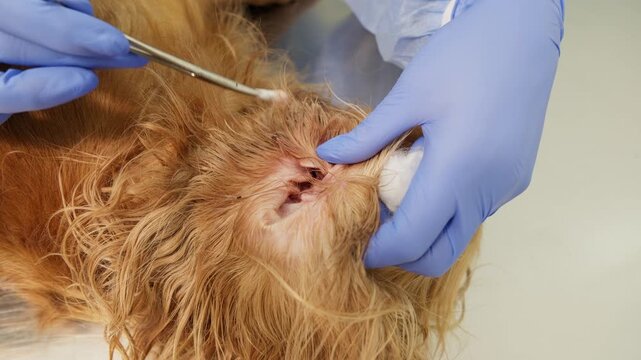 Professional veterinarian wearing blue medical gloves carefully cleaning a dog's ear canal with forceps and cotton during a clinical procedure in a veterinary hospital for hygiene or otitis treatment