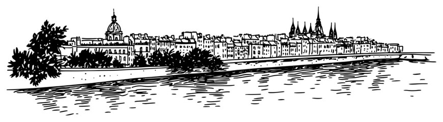 Naklejka premium Panoramic skyline of Cologne Germany with the Cathedral on the Rhine river. Hand drawn vector sketch.