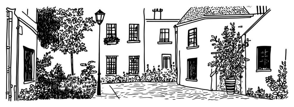 Cozy European street corner with old houses and a lamppost. Hand drawn vector sketch.