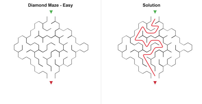 Rhombus shaped hex puzzle with red track in line art style, monochrome grey and bright colors, brain development task for children activity book