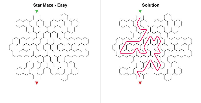 Star shaped hex maze and solution in flat line style, black white and pink colors, educational logic puzzle for kids activity book