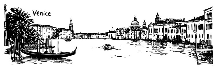 Venice Italy cityscape with gondola on the Grand Canal. Hand drawn vector sketch of the historic waterfront © Tomas