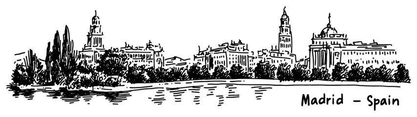 Fototapeta premium Madrid Spain city skyline sketch with historic landmarks. Hand drawn vector illustration of the cityscape