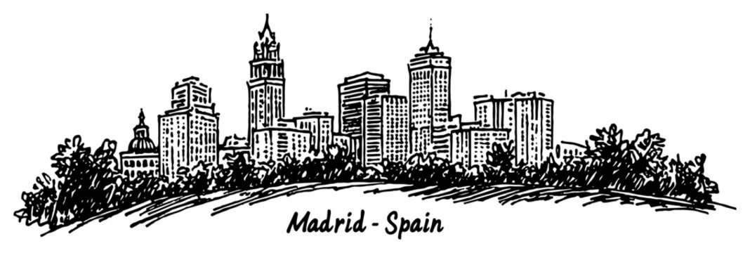 Madrid Spain city skyline sketch. Hand drawn vector illustration of the urban cityscape