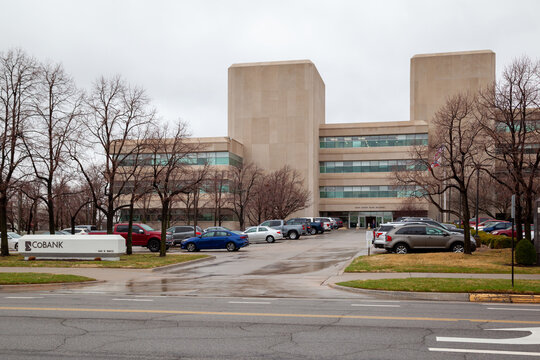 Wichita, Kansas, USA - March 22, 2022: CoBank office in Farm Credit Bank Building on Waco Ave in downtown Wichita, Kansas, USA. CoBank, part of the US Farm Credit System, provides loans and financial 