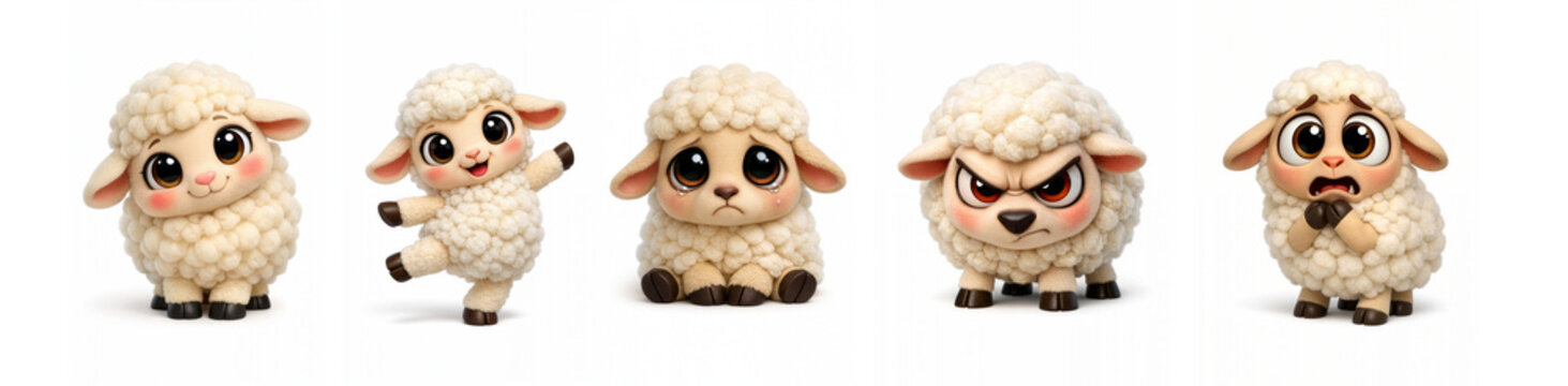 Sad, Scared, Angry, and Dancing Emotional Cartoon Sheep Characters on a White Background