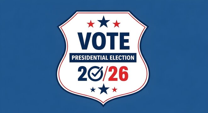 A patriotic shield emblem for the 2026 Presidential Election, featuring 'VOTE' text, stars, and a checkmark on a blue background.