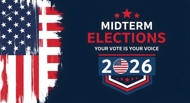 Midterm Elections 2026: Your Vote is Your Voice, featuring the American Flag.