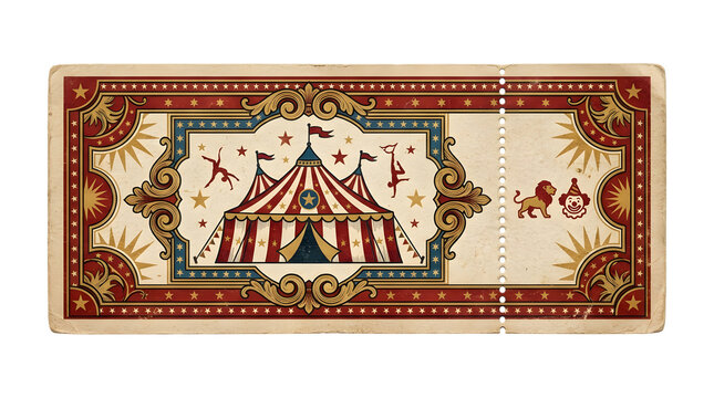 Vintage circus ticket with red and white striped tent illustration and ornate decorative border design isolated on transparent background