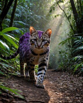 A purple  marbled cat fantasy animal, fictional species in a shadow crowned forest