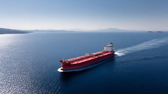 Massive Red Tanker Ship Navigate Calm Blue Ocean Waters, Leave Wake Behinds, Under Clear Azure Sky, Coastal Mountains Horizon