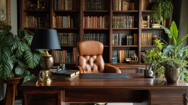 Elegant, Classic Office Desk Room with Bookshelf, Leather Chair, and Green Plants
