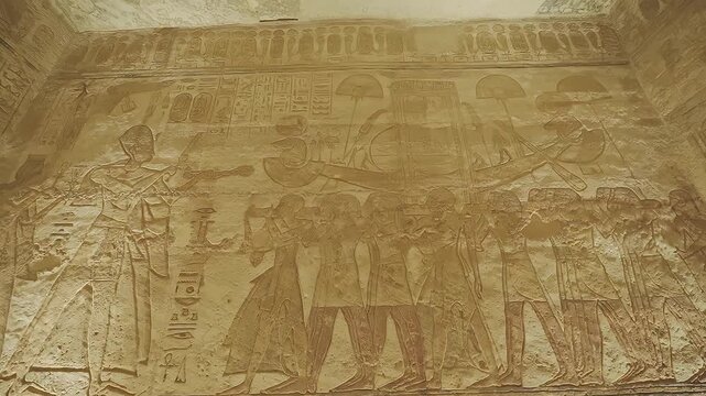 4k footage of Interior view of the famous abu simble temple that is decorated with gods figures and hieroglyphs in aswan in Egypt. 