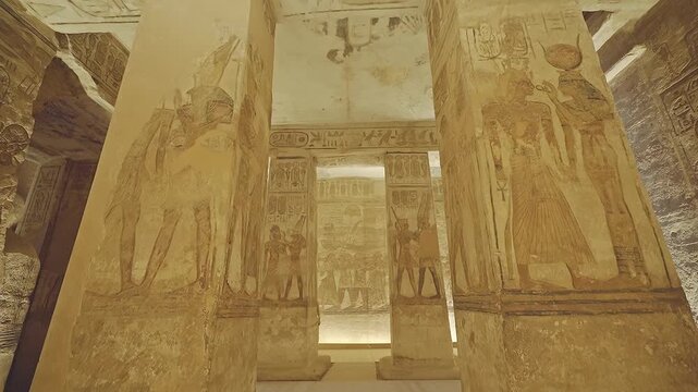 4k footage of Interior view of the famous abu simble temple that is decorated with gods figures and hieroglyphs in aswan in Egypt. 