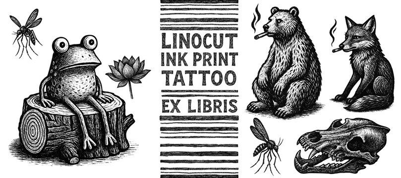 Frog, mosquito, bear, fox, dog's skull, tattoo, print, linocut stamp, ex libris, ink 