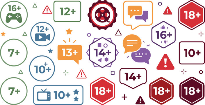 Age rating and parental guidance icon set featuring gaming content restrictions, media safety badges, and digital warning labels
