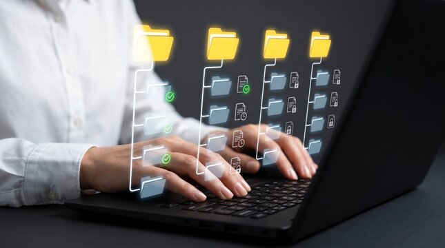 Document management system DMS. Folder structure and classification system. File and folder icons. Businessman using laptop computer for controlling document versions. 