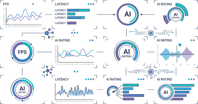 Gaming analytics dashboard vector set featuring AI rating indicators, FPS monitoring charts, and latency tracking interface illustrations