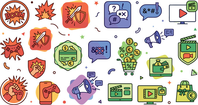 Gaming moderation and monetization icon set featuring content warning badges, streaming protection symbols, and digital ecommerce illustrations