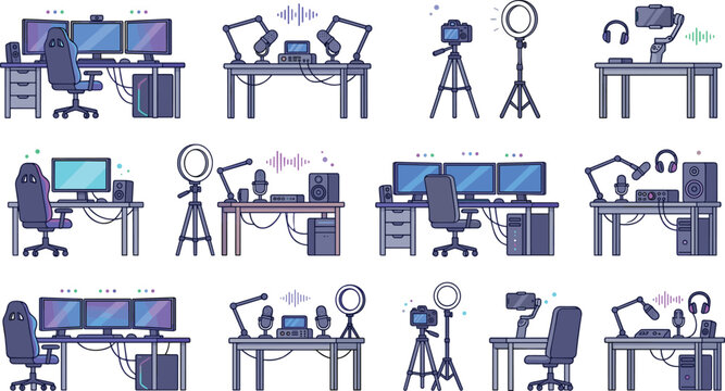 Gaming and streaming setup vector set featuring content creator workstations, live recording equipment, and digital studio desk illustrations
