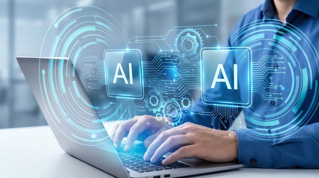 Multi AI agent orchestration system. Automated collaborative network technology. Businessman using intelligent automation tool on laptop computer. 
