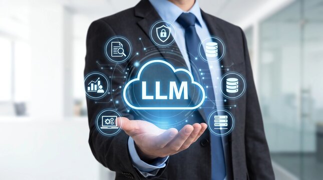 On premises LLM large language model. Private AI environment and local infrastructure. Businessman holding AI hologram. 
