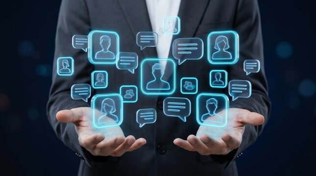 Opinion and feedback from customers or employees. User reviews surveys and analysis. Business manager holding people icons and speech bubbles. 