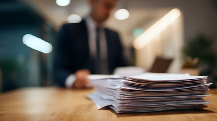 Fototapeta premium Focused Professional Work at Desk with Stack of Documents and Blurry Background. Corporate Management, Business Productivity Concept